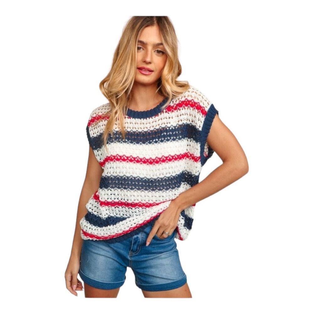 Haptics Patriotic Sweater Cap Sleeve Sheer Loose Knit Red White Blue Womens 2X